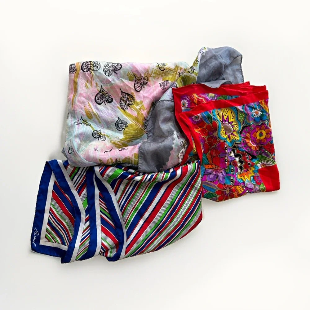Lot of 3 Multicolor Lightweight Silk Scarves Cat Stripes Hearts Rolled Hem